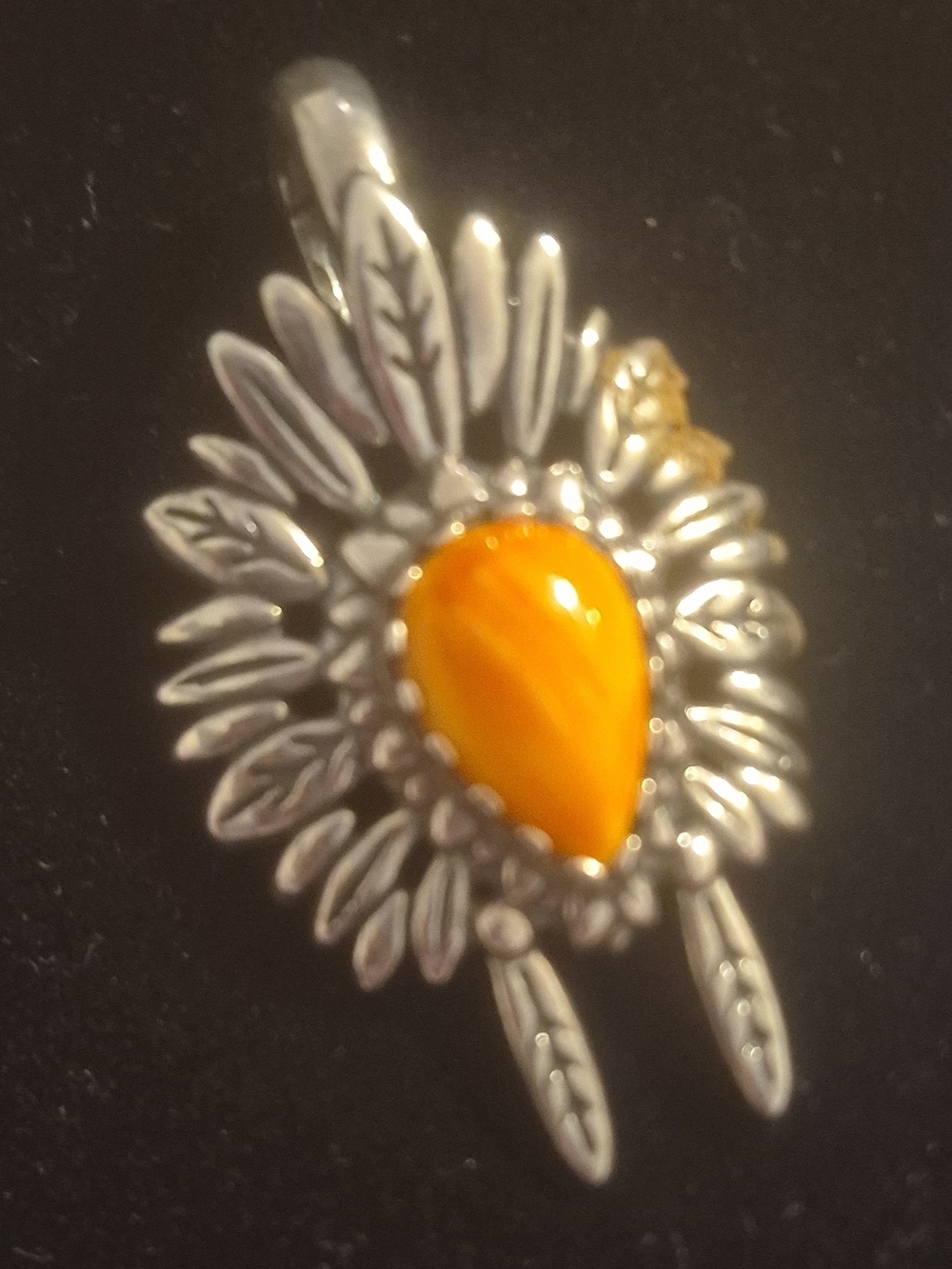 Sterling Silver Sunburst Pendant with Orange Teardrop Stone